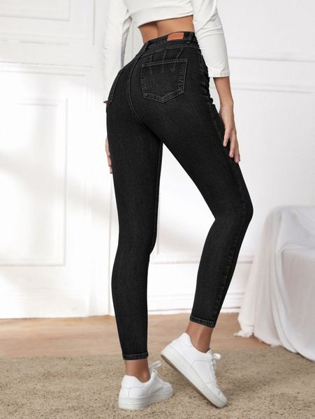 

high waist patched detail skinny jeans l46l#, Blue