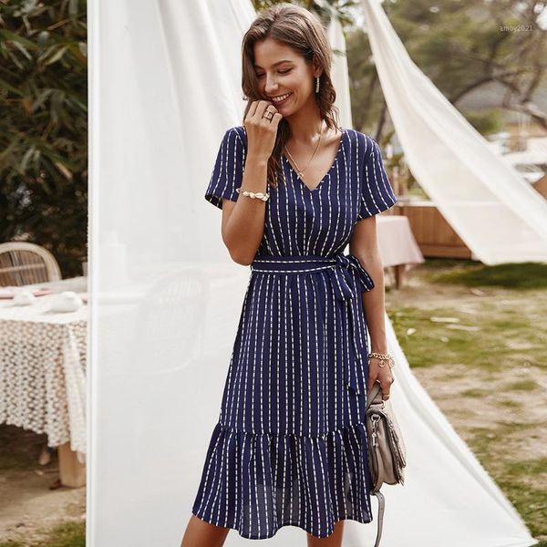 

party dresses strips design women dress 2021 summer v neck short sleeves a line casaul with sash1, White;black