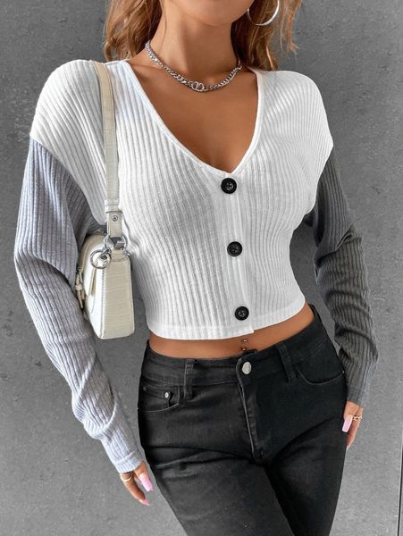 

ribbed knit button front crop p5nm#, White