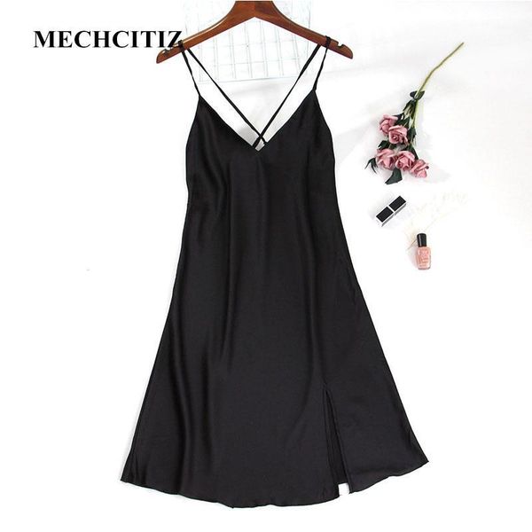 

mechcitiz 2019 summer women nightgown silk lingerie sleepwear v-neck home dress night shirt sleepwear nightwear sleepshirt1, Black;red