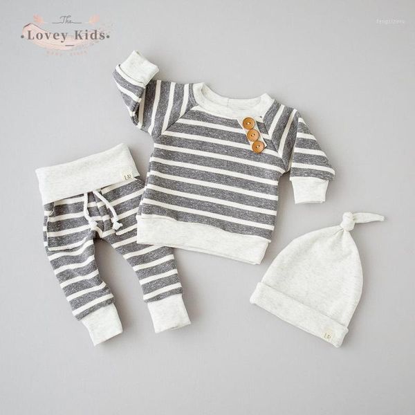

clothing sets 2021 autumn toddler baby boy girls striped outfit kids infant 3pcs long sleeve pants hat cap set born costume1, White