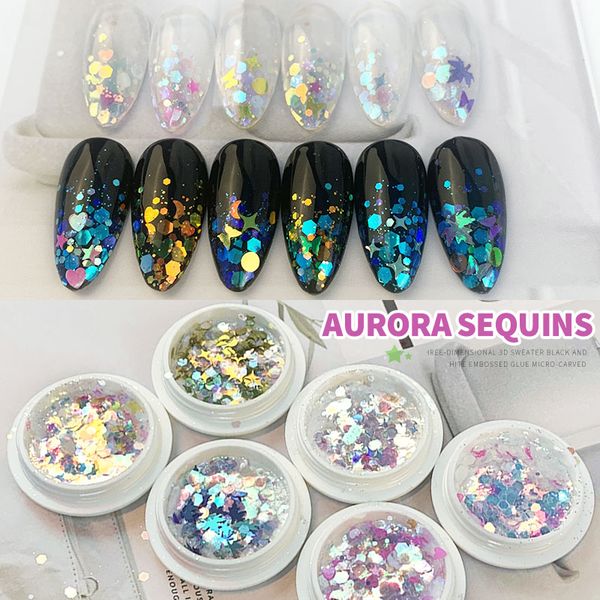 

6шт голографических ногтей блесков блестка mix star leaf сердце шестигранной aurora nail paillette laser маникюр украшение для ногтей diy, Silver;gold