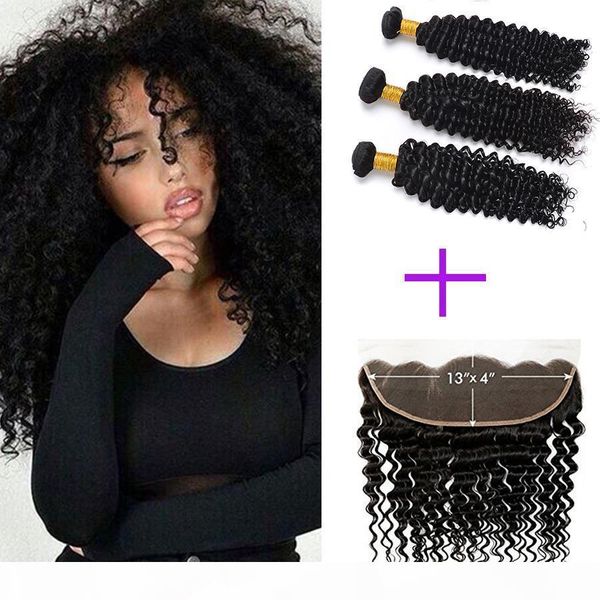 

8a brazilian deep wave human hair with lace frontal closure 13x4 ear to ear deep wave curly hair bundles with lace frontal, Black;brown
