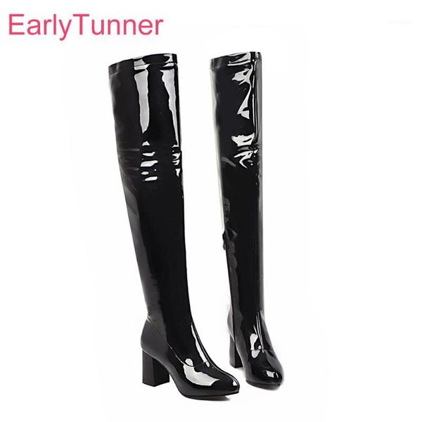 

2019 winter new glamour black white women thigh high glossy boots high heels lady shoes es756 plus big size 10 43 45 481