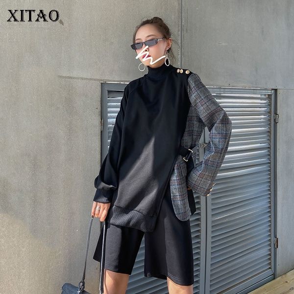

xitao korean style patchwork plaid sweatshirt women fashion long sleeve loose turtleneck plus size irregular autumn xj5254 201202, Black