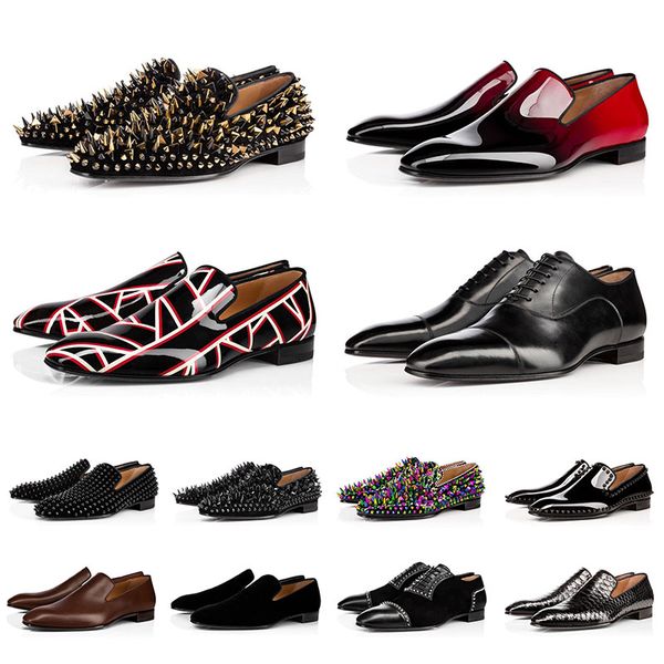 

mens loafer matt patent leather round toes slip-on spikes flat business sneakers luxury designer red bottoms men dress shoes, Black