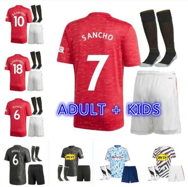 

kit 2020 2021 cavani lingard soccer jerseys pogba united rashford martial man home away 3rd kids kit child 20 21 football shirt, Black;yellow