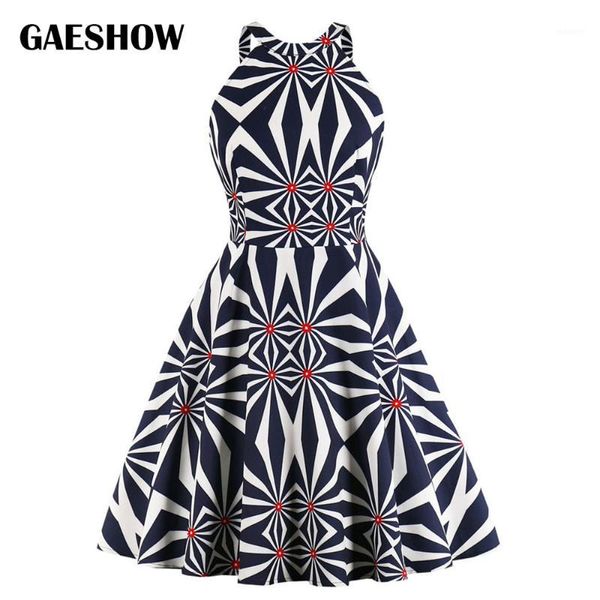 

gaeshow geometric print vintage women dress summer halter sleeveless retro dresses zipper plus size 50s rockabilly party dress1, Black;gray