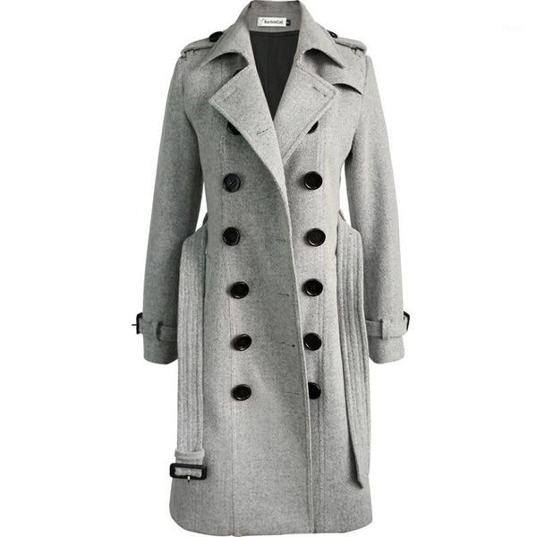 

gray double breasted slim wool blends coat women lapel autumn winter thick warm woolen coat1, Black