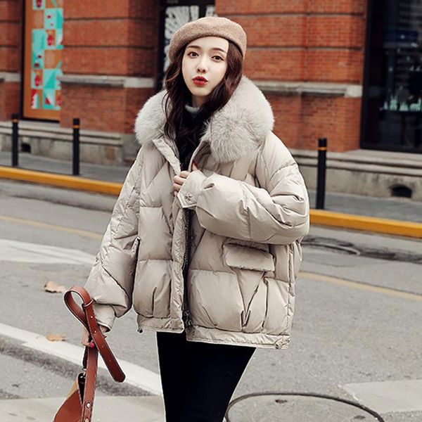 

janveny down jacket women winter natural fur collar 2020 loose puffer jacket 90% white duck down coat ladies feather clothes, Black