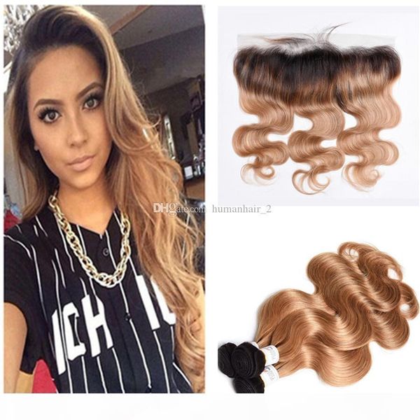 

8a grade brazilian human hair body wave weaves with lace frontal closure two tone 1b 27 honey blonde ombre hair wefts with closure, Black;brown