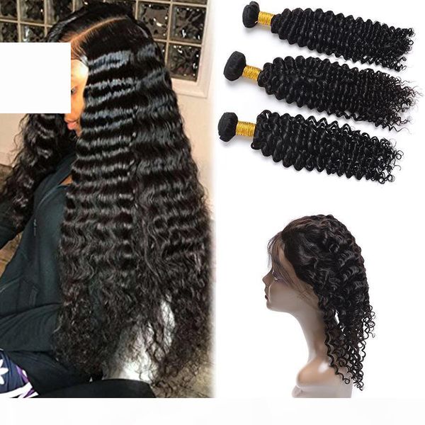 

pre plucked 360 lace frontal with bundles malaysian deep wave bundles 3 bundles with frontal closure, Black;brown