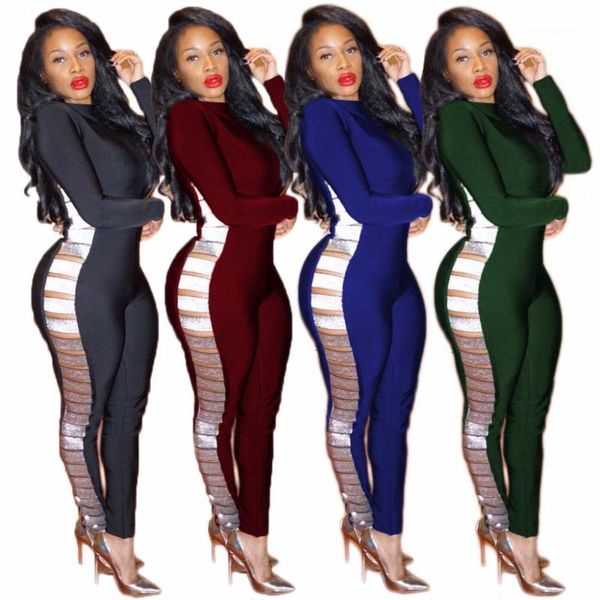 

bling style rompers women jumpsuit ribbons patchwork bodycon jumpsuit solid slim hip overalls for women wy63661, Black;white