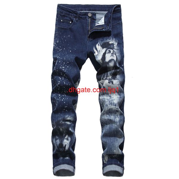 

new men's jeans slim color printing elastic 3d beauty wolf head printing pants, Blue