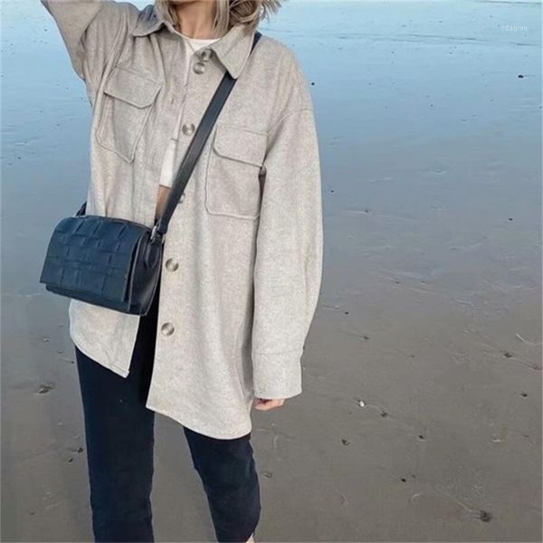 

traf ladies 2020 fashion solid color loose coat coat retro long sleeve pocket blouse streetwear1, Black;brown