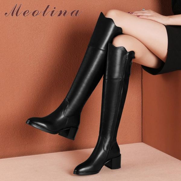 

meotina knee high boots women shoes real leather high heel ladies boots zip block heels fashion long autumn winter black