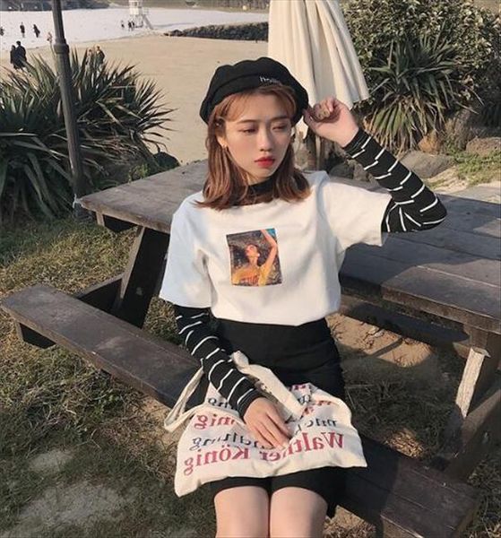 

spring new fake two set long sleeve t shirt women drop shipping good quality, White