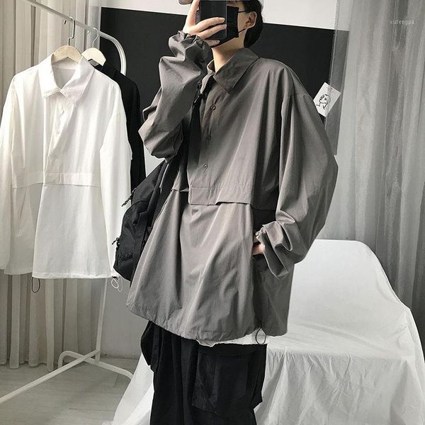

autumn korean style pullover shirt men's fashion solid color casual dress shirt men streetwear loose long-sleeved shirts mens1, White;black