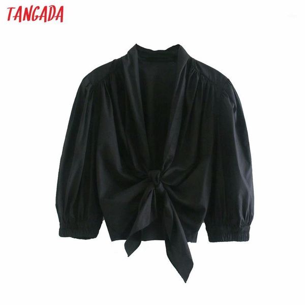 

tangada women retro black bow crop shirt short sleeve 2020 summer chic female slim shirt 4m5191, White