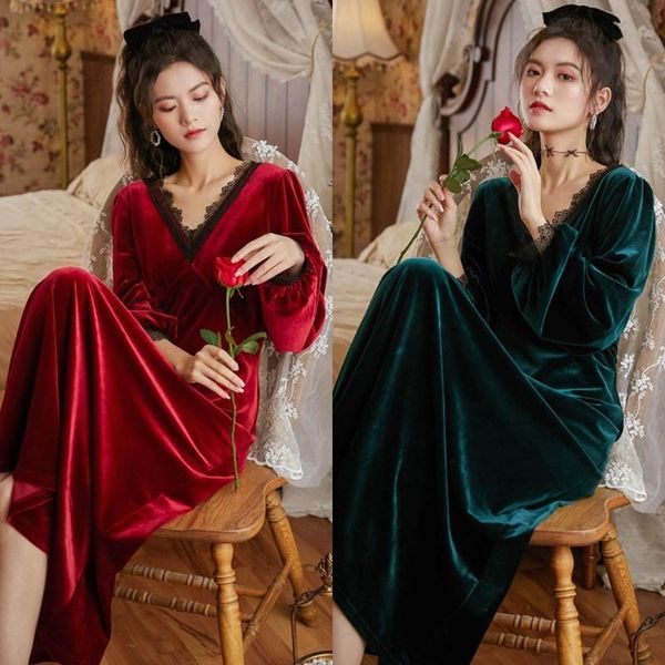 

sleepwear long sleeve velvet nightdress women winter victorian style dress warm pajamas wear plus size robe pajamas, Black;red