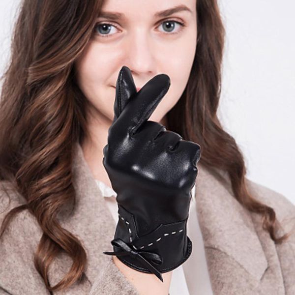 

five fingers gloves ladies leather plus velvet thick touch screen bow hair winter driving and cycling warm e100, Blue;gray