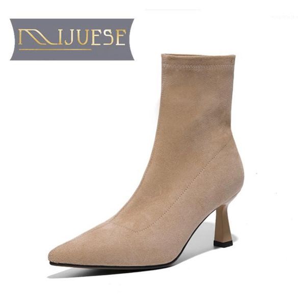 

boots mljuese 2021 women ankle flock winter short plush pointed toe high heels female size 401, Black