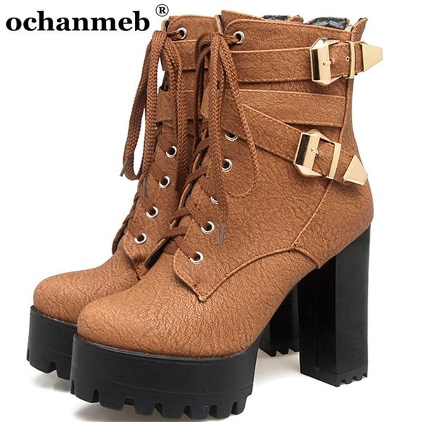 

boots 2021 autumn winter women big plus size 48 ankle shoes female chunky heels platforms motorcycle lady buckled booties, Black