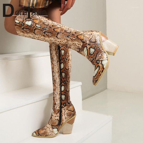 

doratasia plus size 34-48 brand ladies snake veins knee high boots chunky high heels boots women 2020 party office shoes woman1, Black