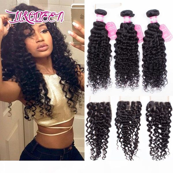 

human hair deep wave 4x4 lace closure with 3 bundles brazilian hair extensions natural color virgin hair full density, Black;brown