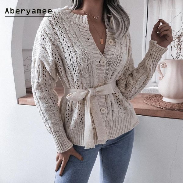 

aberyamee beige knitted cardigans women belted hollow sweater casual buttons up autumn long sleeve ladies vintage clothes new1, White