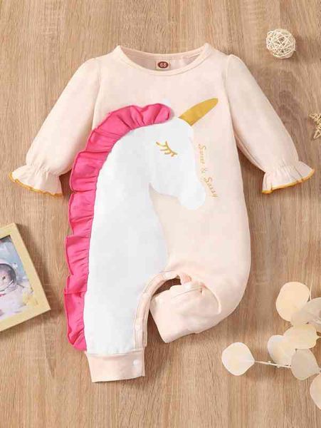 

baby letter & unicorn print flounce sleeve ruffle trim jumpsuit she, Blue