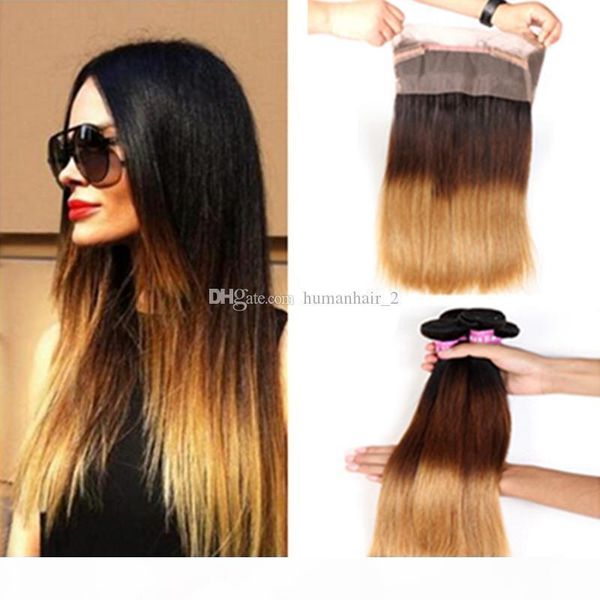 

ombre 360 full lace frontal closure with 3bundles brazilian virgin hair 1b 4 27 ombre brown blonde silk straight human hair wefts, Black;brown