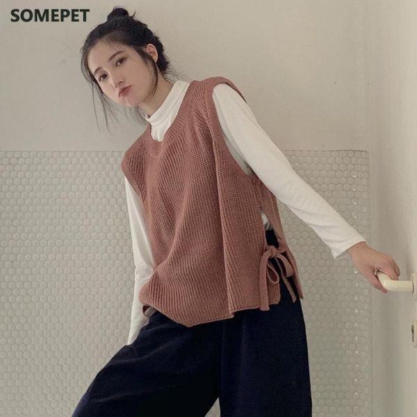 

women's vests 2021 autumn women sweater waistcoat elegant knitted vest lace up pullover knitting outerwear, Black;white