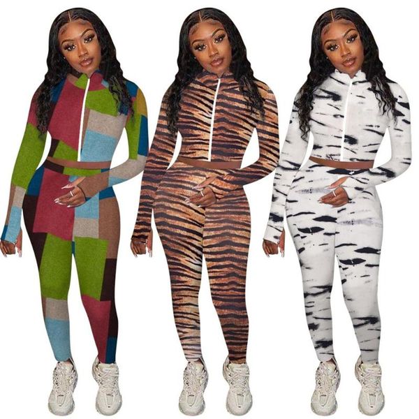 

autumn print sports tracksuit long sleeve zipper crop pencil pants two piece set sports gym fitness casual bodycon outfits, White;black