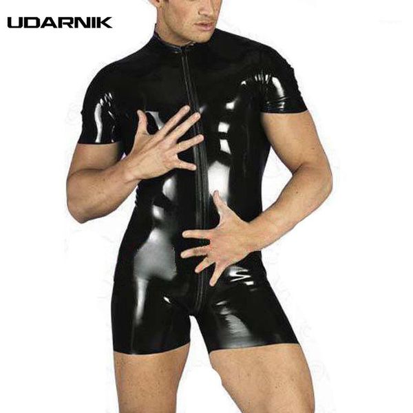 

men's set latex pvc leather zipper one-piece bodysuit skinny short sleeve jumpsuit clubwear dance show sets 224-2391, Gray