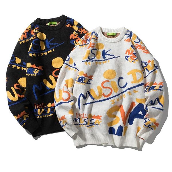 

autumn winter korean oversized sweater men's fashion letter print loose pullover man black white knitted sweaters couple truien, White;black