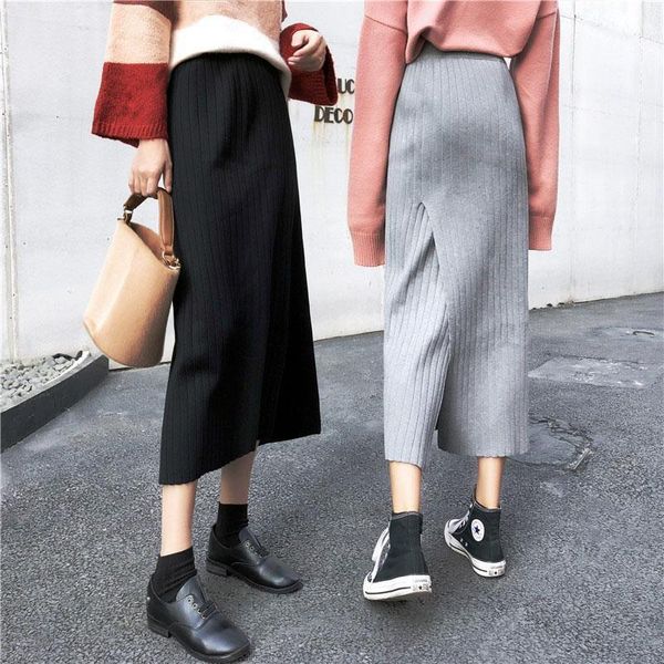 

skirts korean women knit skirt elastic waist female solid color a-line split lady 2021 autumn winter midi femme chic1, Black