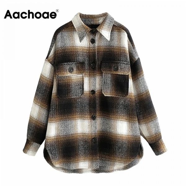 

aachoae women streetwear plaid jacket batwing long sleeve loose coat office casual pocket lady outerwear autumn winter 201026, Black;brown