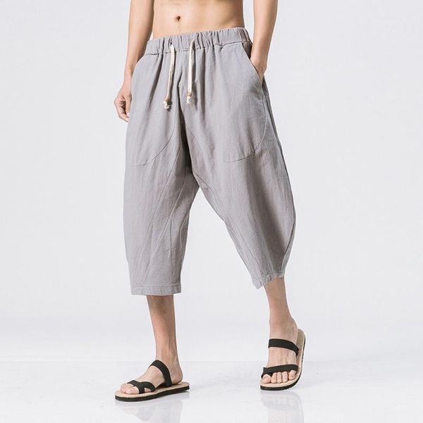 

men's pants loose and comfortable harem casual calf-length summer elastic waist lightweight linen solid color pantolon1, Black
