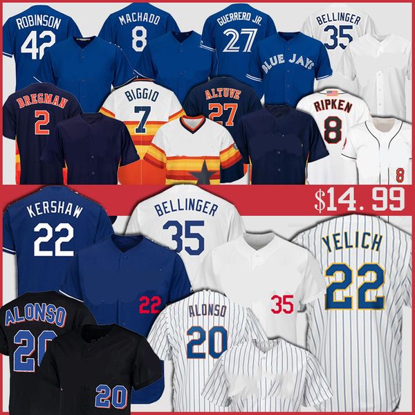 

22 clayton kershaw jersey 35 cody bellinger 27 jose altuve 2 alex bregman christian yelich 27 vladimir guerrero jr. cal ripken jr. jersey, Blue;black