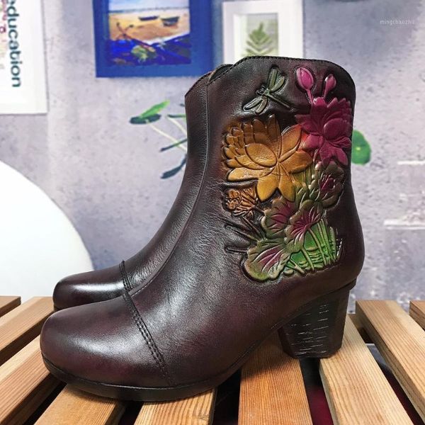 

boots manual 2021 genuine leather short woman head coarse high with single layer cowhide printing1, Black
