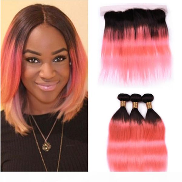 

#1b pink ombre straight peruvian human hair 3bundles and frontal 4pcs lot ombre rose gold full lace frontal closure 13x4 with weaves, Black