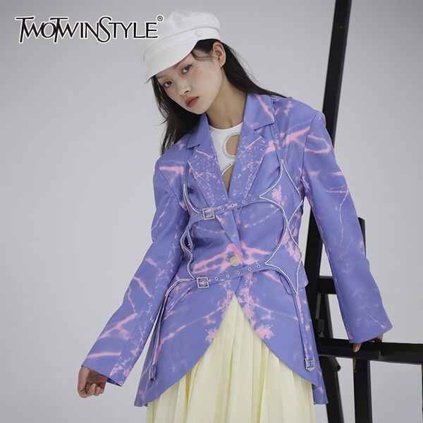 

twotwinstyle casual print women blazer notched long sleeve tunic hit color patchwork diamond suit for female fashion clothes new lj201021, White;black