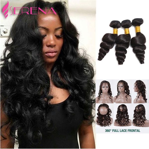

360 lace frontal closure with bundles loose wave peruvian virgin hair with frontal closure body wave preplucked 360 lace virgin hair weave, Black;brown