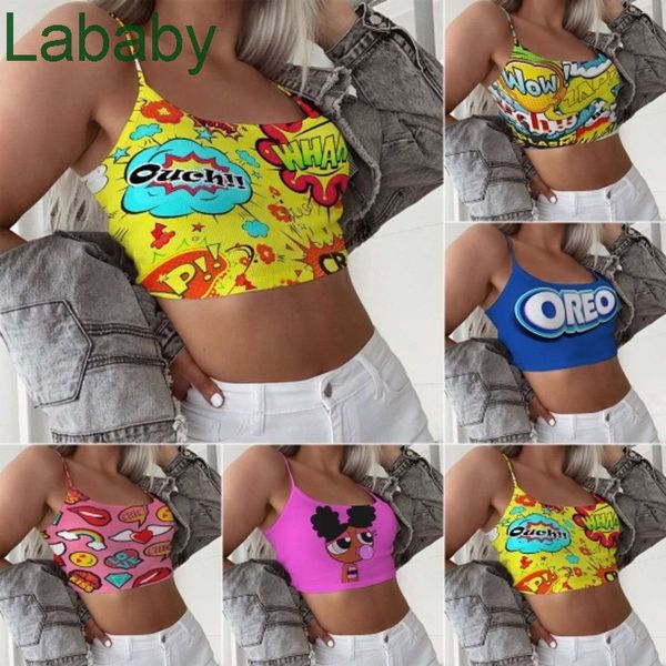

women sling crop vest cartoon letter printed ladies wrapped chest set outfits new fashion, Gray