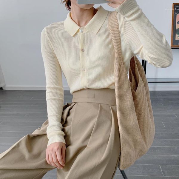 

women's knitted shirt 's neck autumn 2020 new knitted cardigan inside outside coat base shirt coat1, White