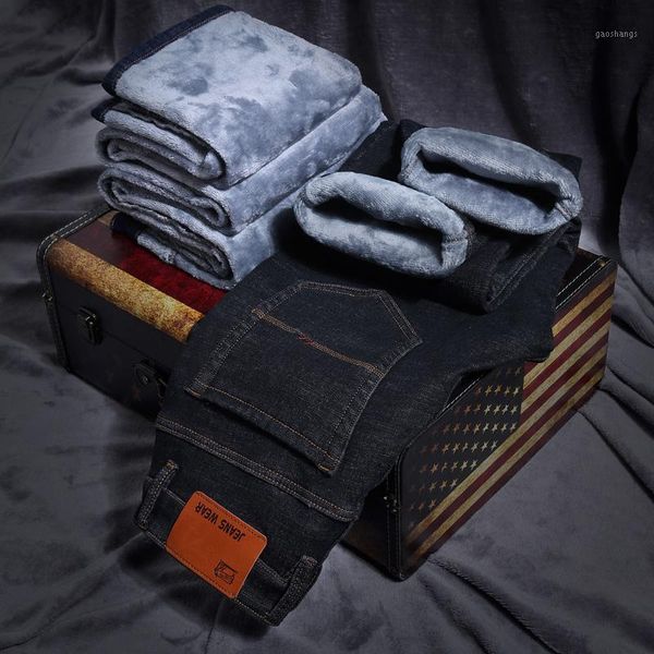 

2019 new men's winter jeans classic style blue black business casual warm trousers elastic slim fit male brand thicken pants1