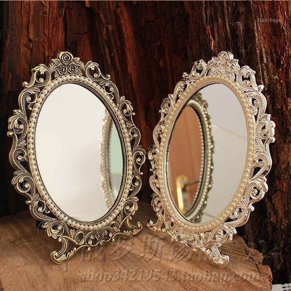 

mirrors retro deskmakeup cosmetic mirror floral embossed jewelry pearl-inlayed metal frame table decoration silver bronze 337a1