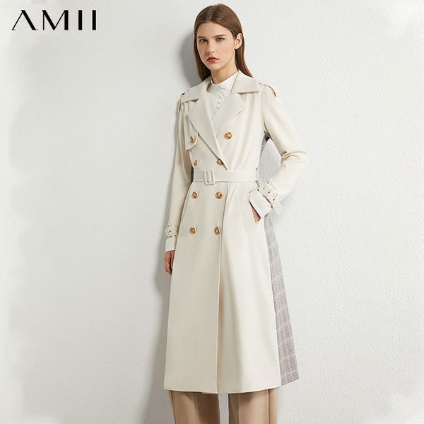 

amii minimalism autumn vintage women windbreaker spliced plaid lapel double breasted belt women overcoat female coat 12070366 1028, Tan;black