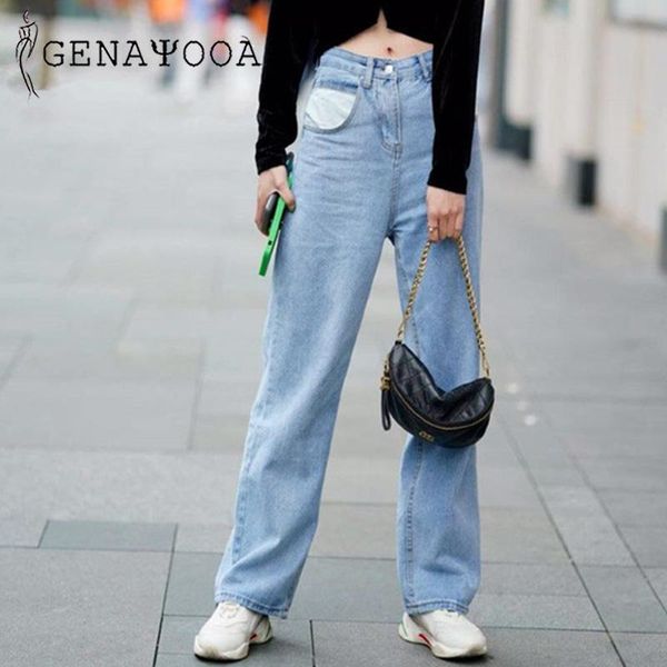

genayooa wide leg pants women high waist jeans women streetwear patchwork pocket loose demin jeans high waist 2020 korean, Blue